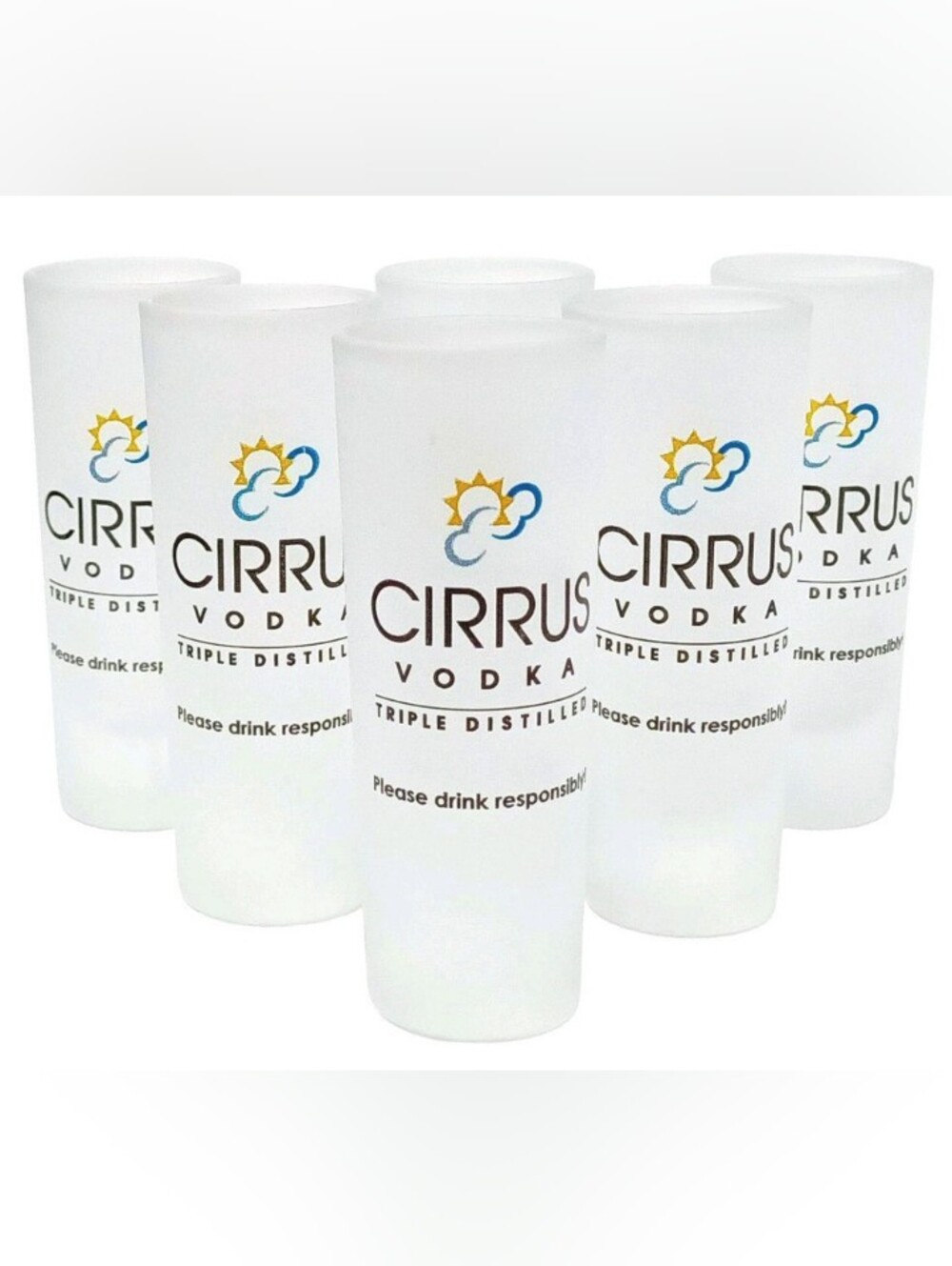 Set of 6 Cirrus Vodka Triple Distilled Frosted Shot Glasses 4" Tall 2 Fl Oz RARE